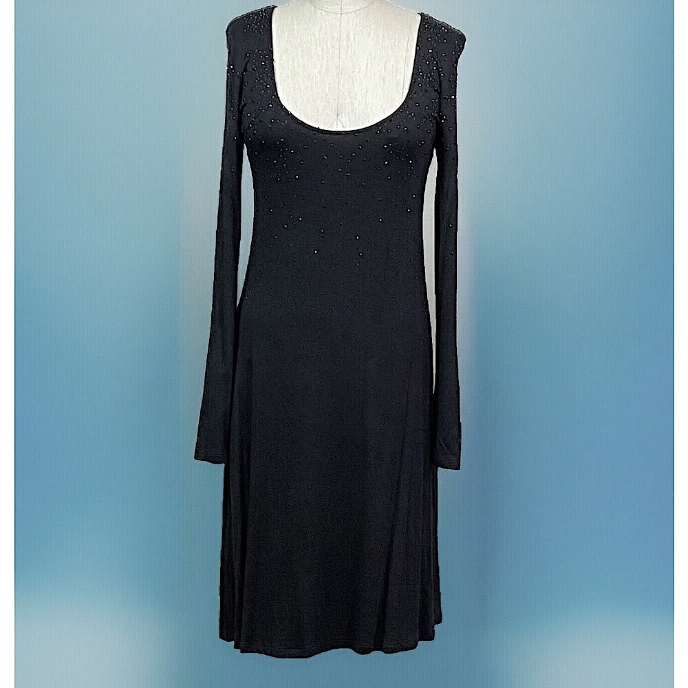 Karen Kane Classic Beaded Black Jersey Knit Dress Long Sleeve Size Med